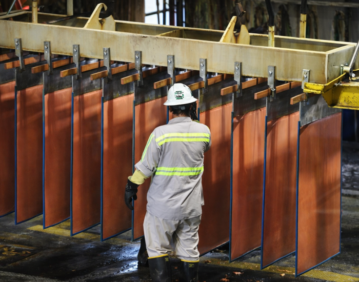 worker inspecting copper cathode sheets